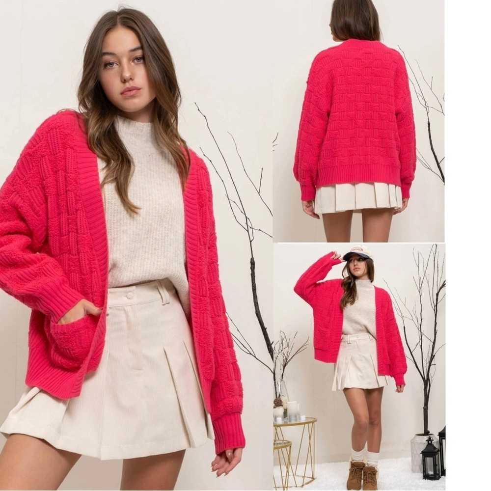 Blu Pepper Checkered Textured Knit Bright Pink Cardigan size S